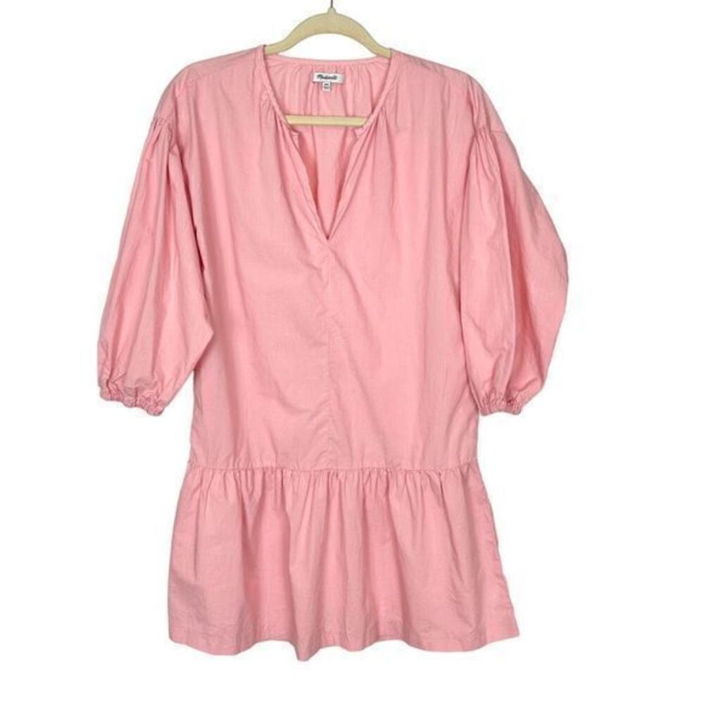 Madewell Womens Pink Puff Sleeve Ruffle Hem Mini Tunic Dress Split V Neck XXS